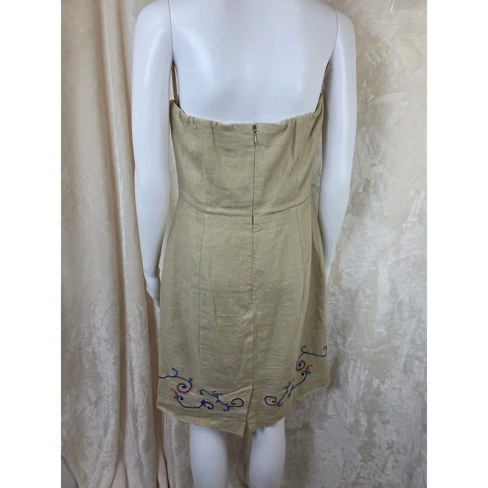 Banana Republic Strapless Embroidered Linen Dress Tan Floral Size 8‎ Boho Sheath